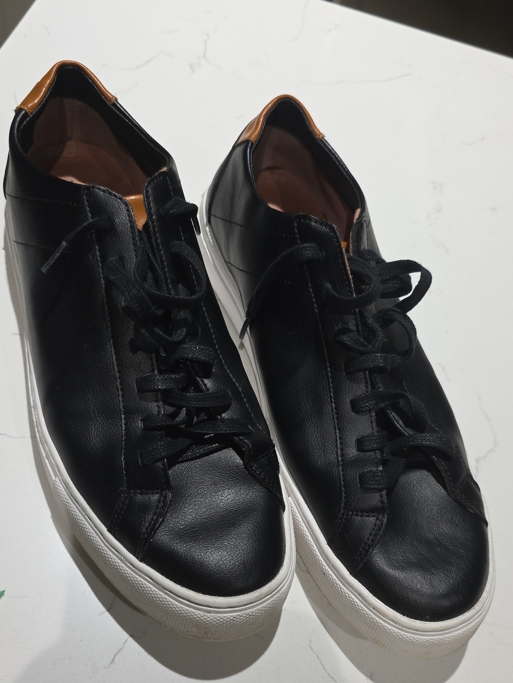 Bylt Basic Men's Black Leather Low-Top Sneakers with Tan Heel Accent Size 12